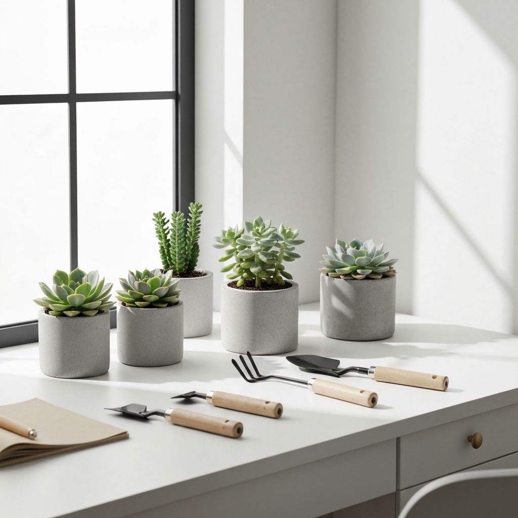 Ordentlich arrangierter Arbeitsplatz mit Sukkulenten, Betonpflanzgefäßen und Werkzeugen auf hellem Hintergrund