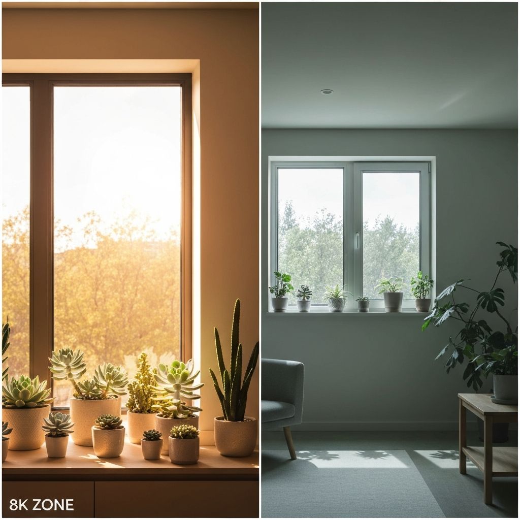 Zwei unterschiedlich beleuchtete Fensterbereiche mit verschiedenen Sukkulenten-Arten, die Unterschiede in Licht und Platzierung zeigen