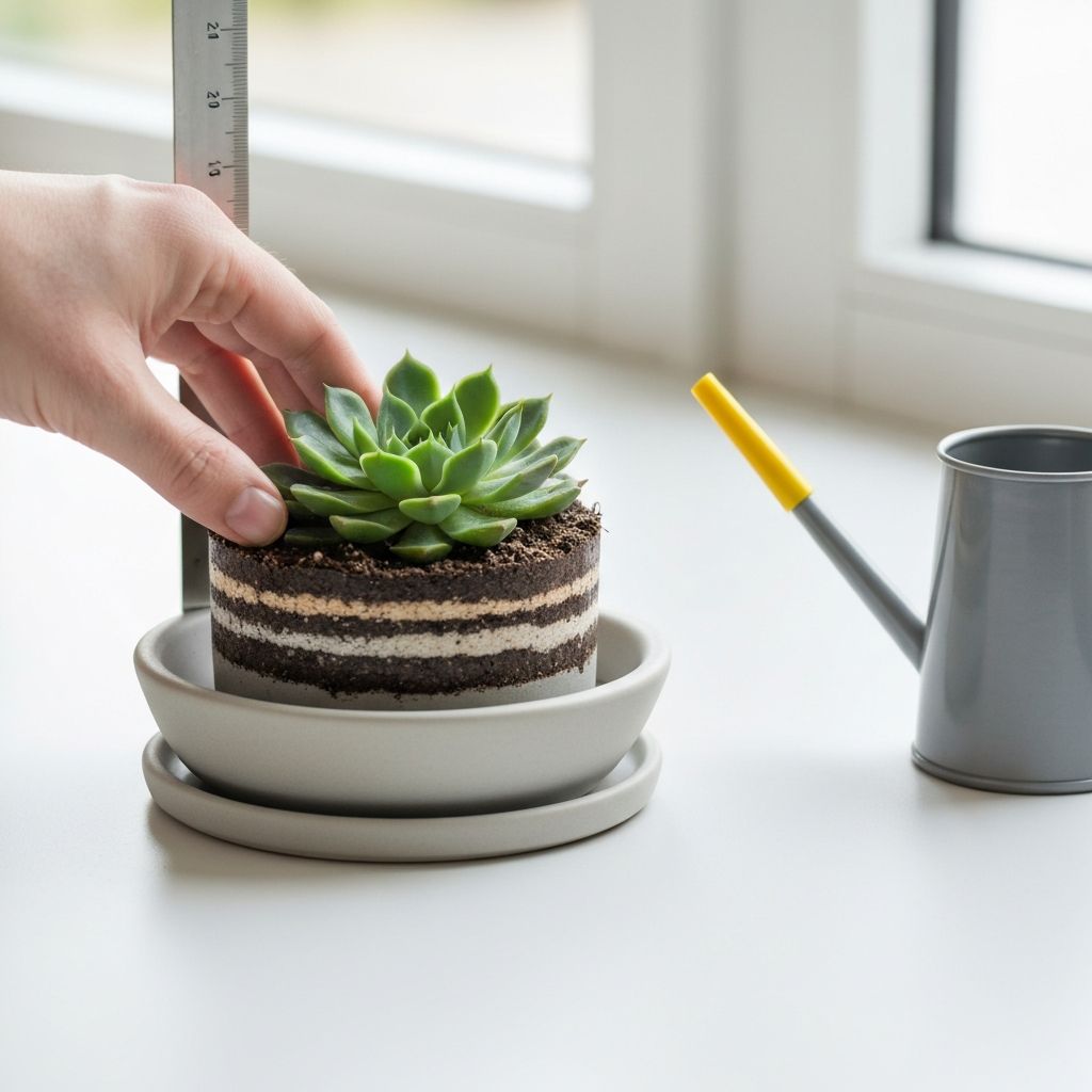 Hand überprüft die Bodenfeuchte in einem Topf mit Untersetzer, neben einer kleinen Gießkanne und Messinstrumenten
