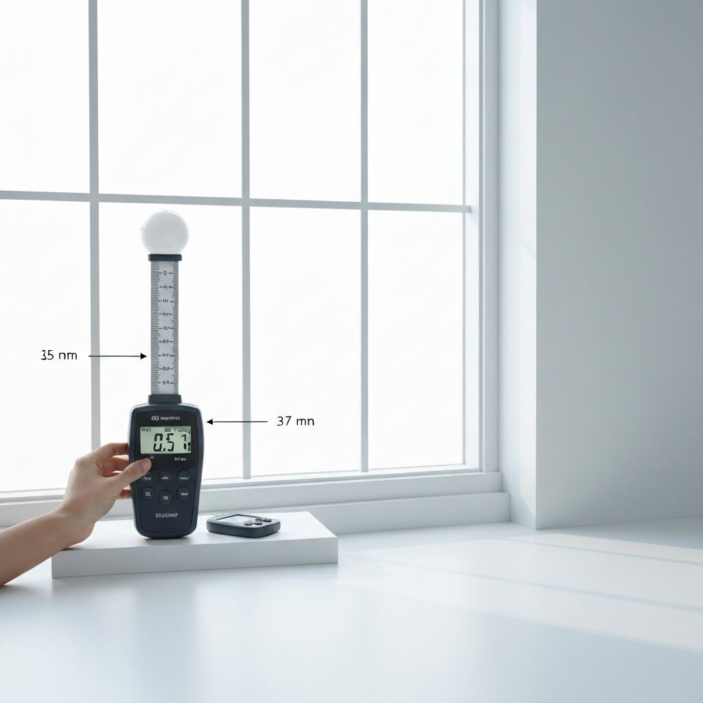 Messgerät zur Lichtstärke-Bestimmung neben einem Fenster mit verschiedenen Beleuchtungszonen