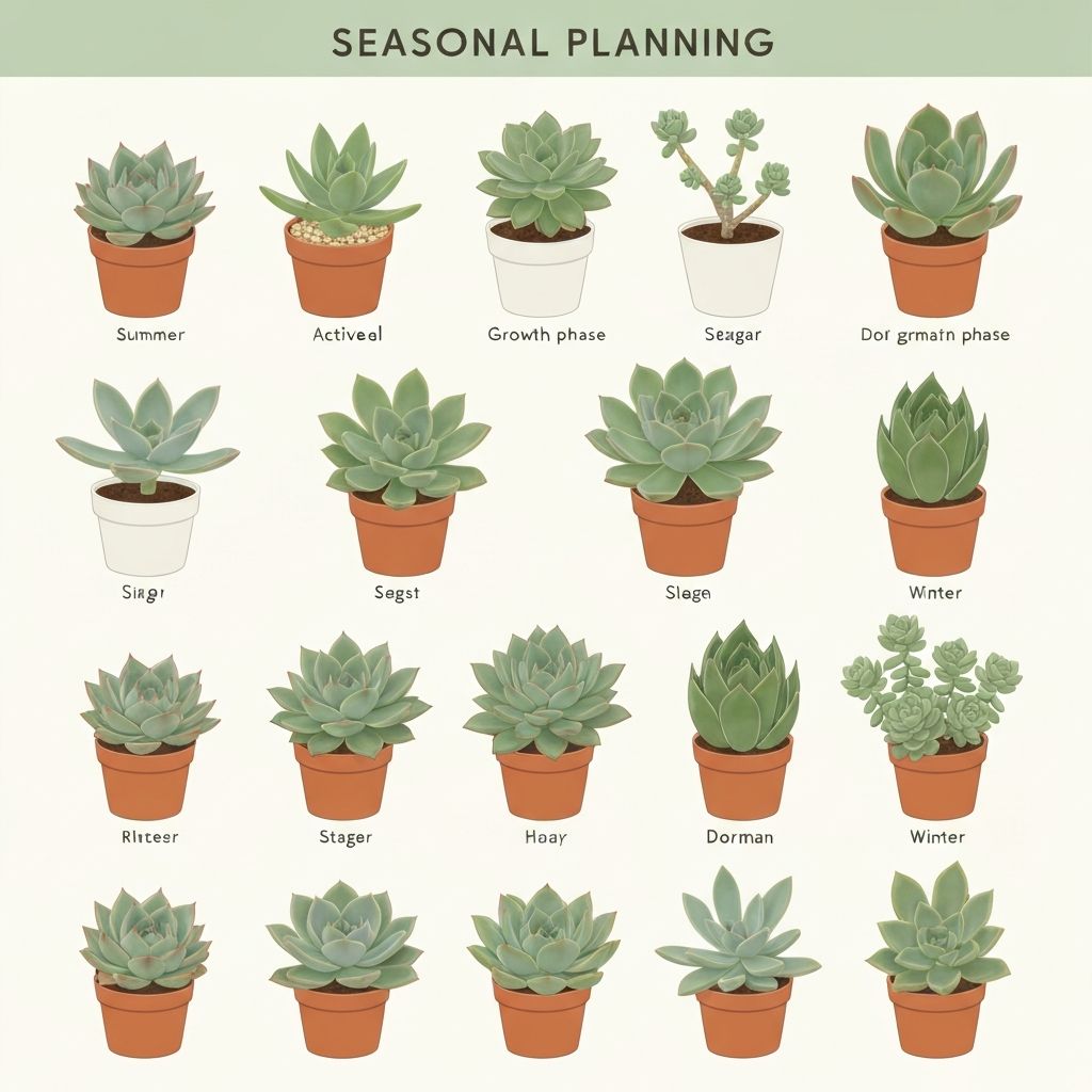 Jahreskalender neben verschiedenen Sukkulenten, die saisonale Unterschiede in Wachstum und Wasserbedarf zeigen