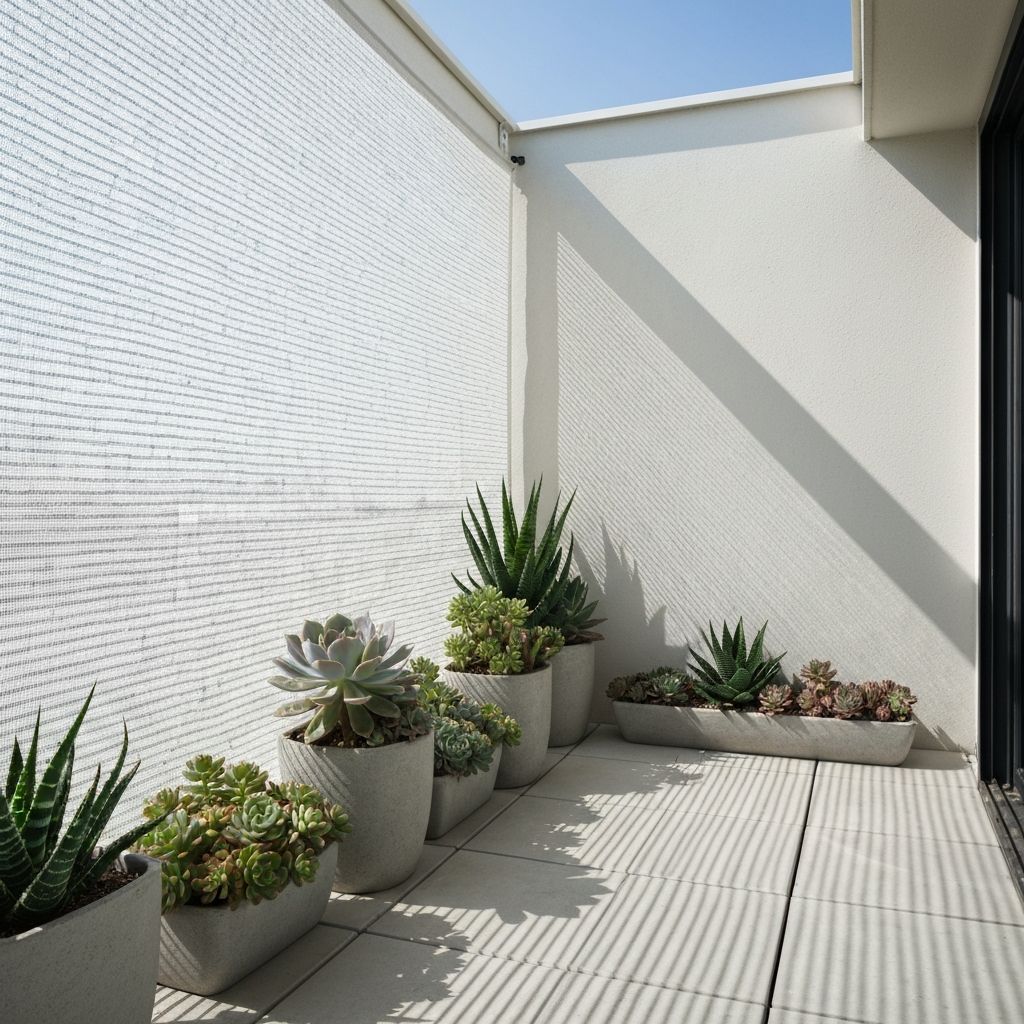 Balkon mit Sonnenschutz-Tuch, das direkte Nachmittags-Sonne filtert und Pflanzen vor Überhitzung schützt