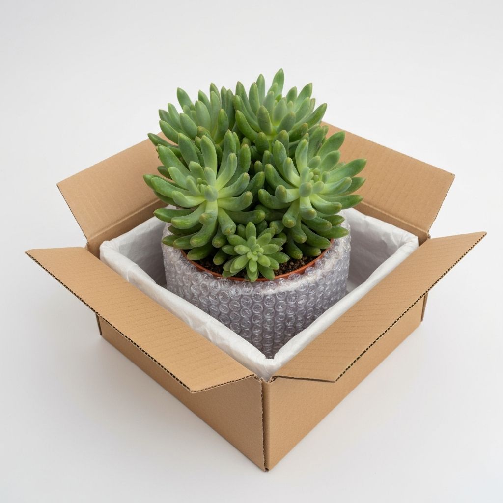 Sorgfältig verpackte Sukkulenten in einer Transportbox mit schützenden Materialien und Druckschutz
