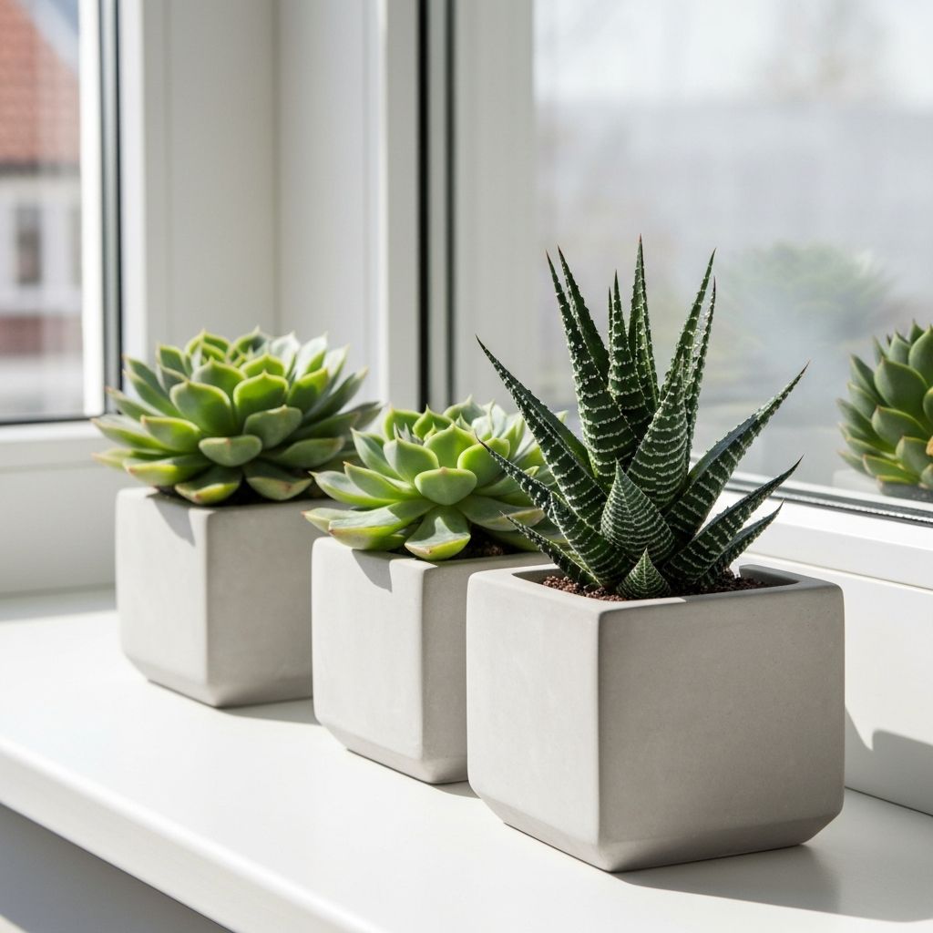 Sorgfältig arrangierte Sukkulenten auf einem hellen Fensterbank-Setup mit modernen Betonoptik-Töpfen und Werkzeugen