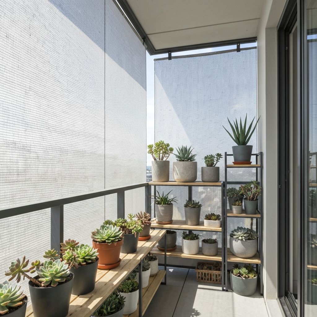 Balkon mit strategisch umgestapelten Pflanzen für Sommerschutz, mit Schattentuch und neuer Positionierung