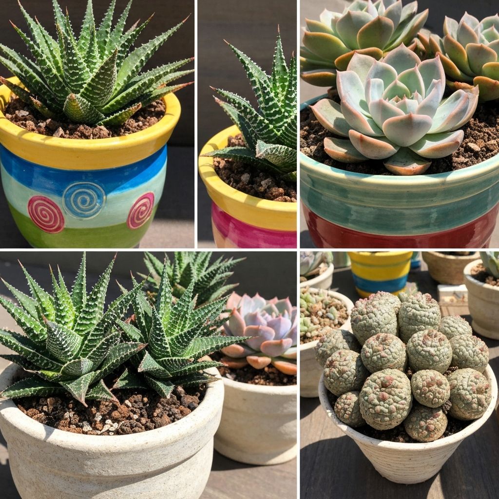 Große Auswahl an verschiedenen Sukkulenten-Arten in Keramiktöpfen, gruppiert nach Lichtrequirements